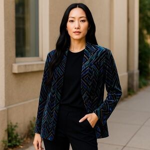 Chico's open front dark romance artsy colorful blazer size "1" or US 8 Medium